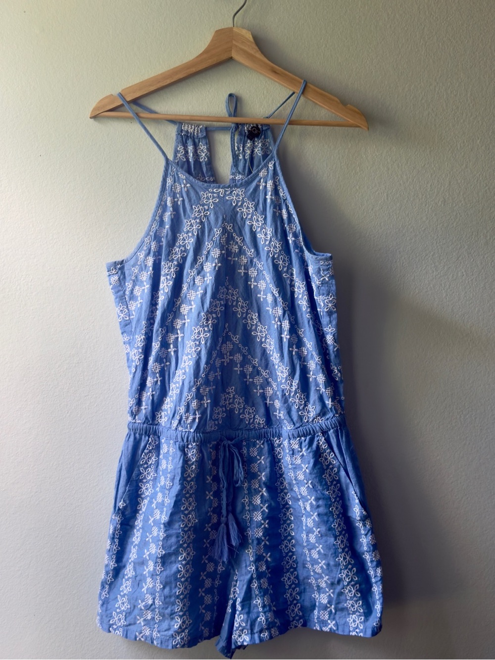 LOF Light Blue Floral Eyelet Halter Romper